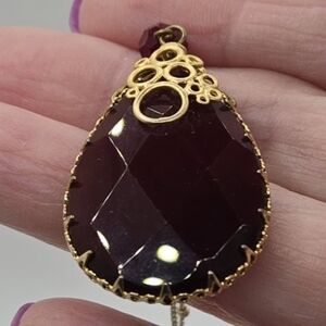 Necklace Large Deep Red Faceted Glass with Gold Tone Intricate Filigree & Prongs